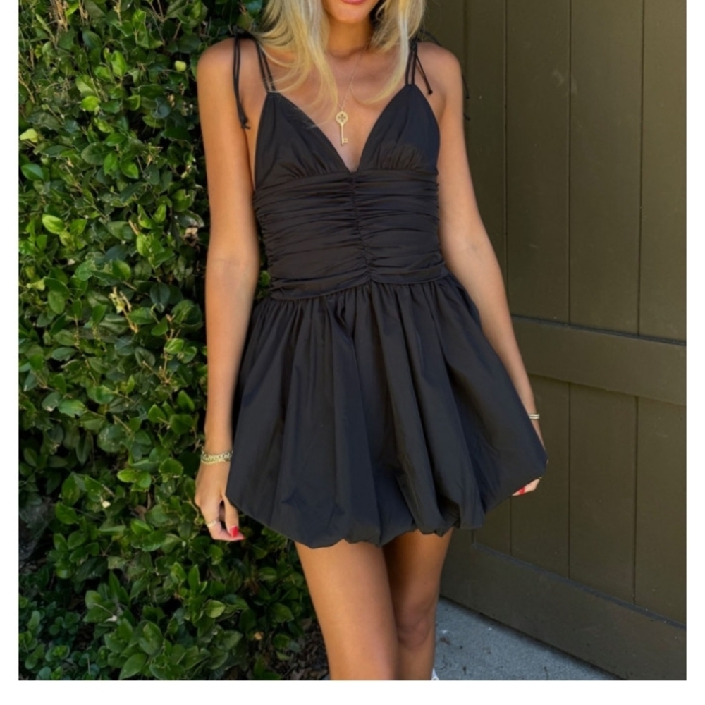 Chic Black Ruched Mini Dress - Picture 2 of 6